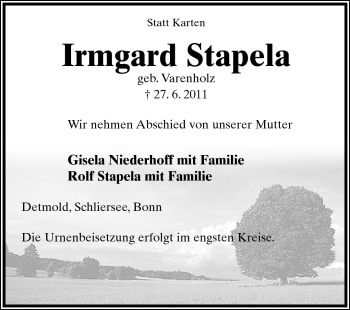 Anzeige  Irmgard Stapela  Lippische Landes-Zeitung
