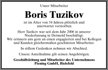 Anzeige  Boris Tuzikov  Lippische Landes-Zeitung