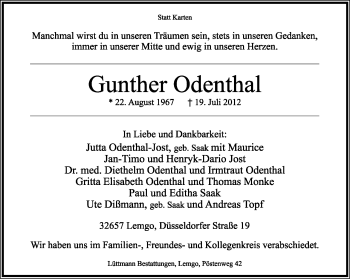 Anzeige  Gunther Odenthal  Lippische Landes-Zeitung