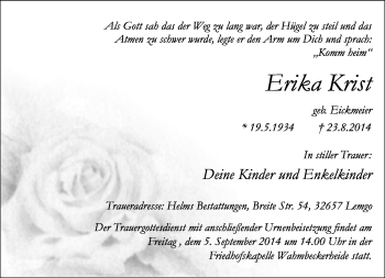 Anzeige  Erika Krist  Lippische Landes-Zeitung