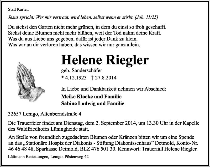  Traueranzeige für Helene Riegler vom 30.08.2014 aus Lippische Landes-Zeitung