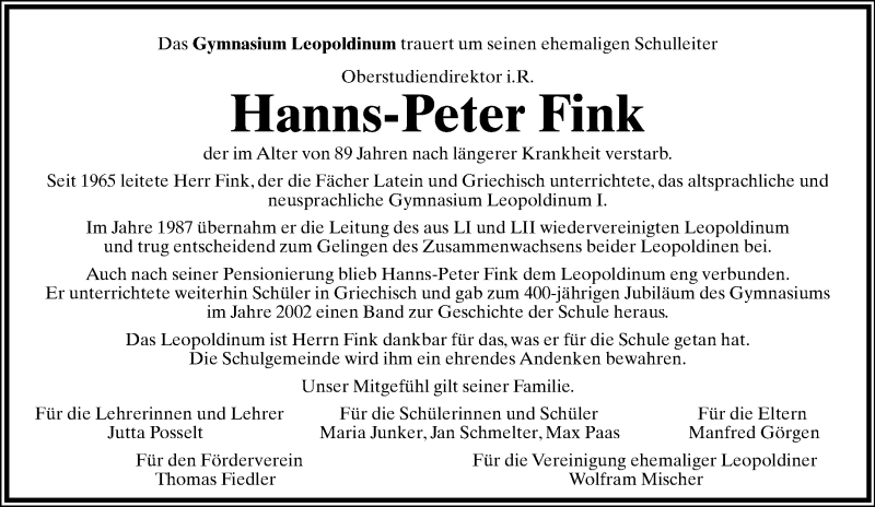  Traueranzeige für Hanns-Peter Fink vom 30.08.2014 aus Lippische Landes-Zeitung