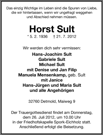 Anzeige  Horst Sult  Lippische Landes-Zeitung