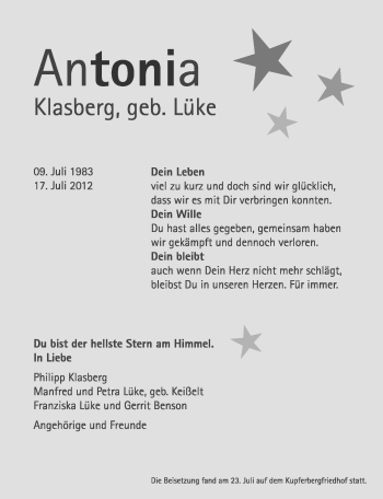 Anzeige  Antonia Klasberg  Lippische Landes-Zeitung