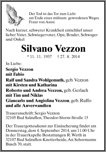Anzeige  Silvano Vezzon  Lippische Landes-Zeitung
