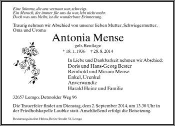 Anzeige  Antonia Mense  Lippische Landes-Zeitung