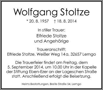 Anzeige  Wolfgang Stoltze  Lippische Landes-Zeitung