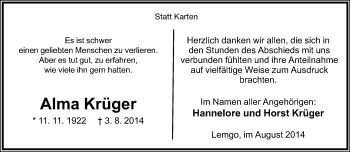 Anzeige  Alma  Krüger  Lippische Landes-Zeitung