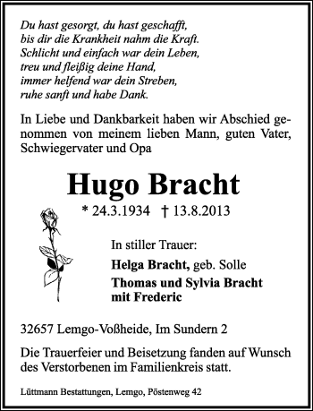 Anzeige  Hugo Bracht  Lippische Landes-Zeitung