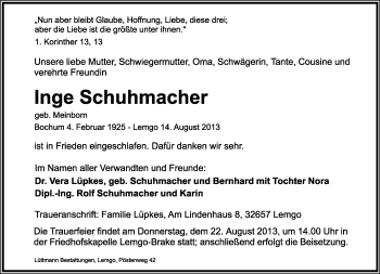 Anzeige  Ingeborg Schuhmacher  Lippische Landes-Zeitung