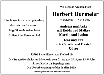 Anzeige  Herbert Burmeier  Lippische Landes-Zeitung