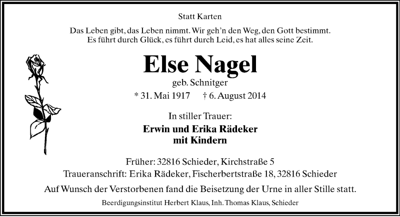  Traueranzeige für Else Nagel vom 30.08.2014 aus Lippische Landes-Zeitung