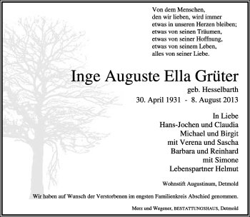 Anzeige  Inge Auguste Ella  Grüter  Lippische Landes-Zeitung