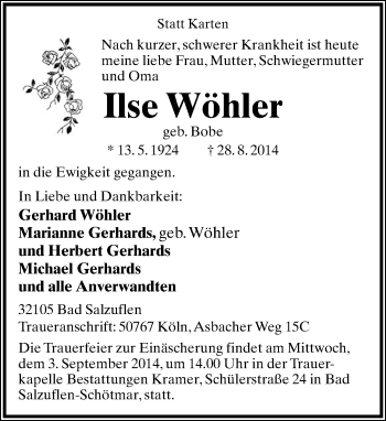 Anzeige  Ilse Wöhler  Lippische Landes-Zeitung