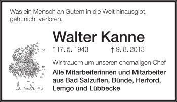 Anzeige  Walter Kanne  Lippische Landes-Zeitung