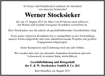 Anzeige  Werner Stocksieker  Lippische Landes-Zeitung