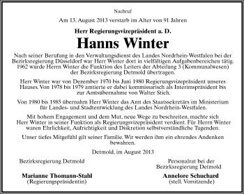 Anzeige  Hanns Winter  Lippische Landes-Zeitung