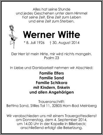 Anzeige  Werner Witte  Lippische Landes-Zeitung