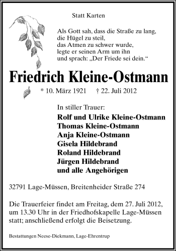 Anzeige  Friedrich Kleine-Ostmann  Lippische Landes-Zeitung