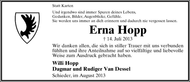  Traueranzeige für Erna Hopp vom 17.08.2013 aus Lippische Landes-Zeitung