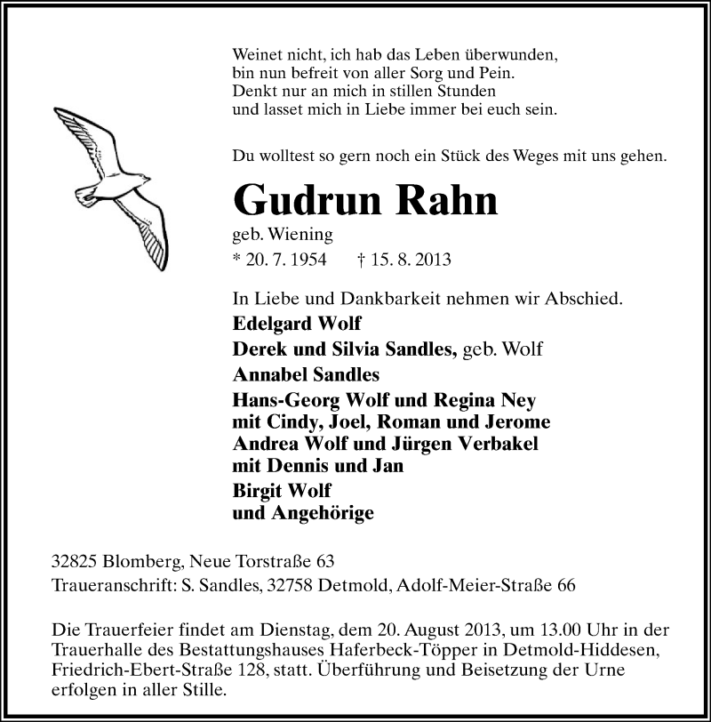  Traueranzeige für Gudrun Rahn vom 17.08.2013 aus Lippische Landes-Zeitung