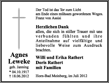 Anzeige  Agnes Leweke  Lippische Landes-Zeitung