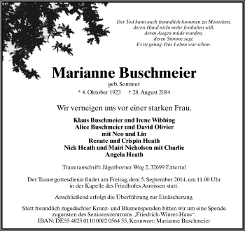 Anzeige  Marianne Buschmeier  Lippische Landes-Zeitung