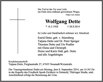 Anzeige  Wolfgang Dette  Lippische Landes-Zeitung