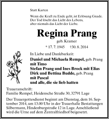 Anzeige  Regina Prang  Lippische Landes-Zeitung