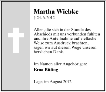 Anzeige  Martha Wiebke  Lippische Landes-Zeitung