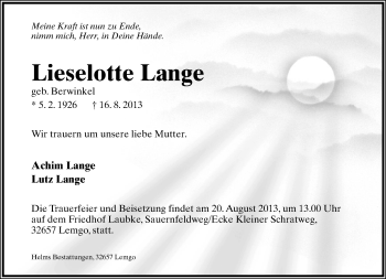 Anzeige  Lieselotte Lange  Lippische Landes-Zeitung