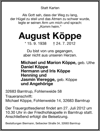 Anzeige  August Köppe  Lippische Landes-Zeitung