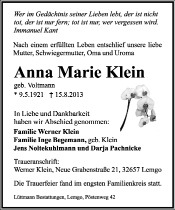 Anzeige  Anna Marie  Klein  Lippische Landes-Zeitung