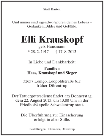 Anzeige  Elli Krauskopf  Lippische Landes-Zeitung