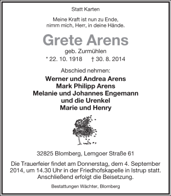 Anzeige  Grete Arens  Lippische Zeitung
