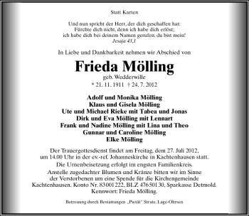 Anzeige  Frieda Mölling  Lippische Landes-Zeitung