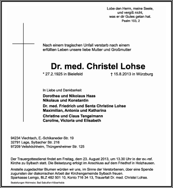 Anzeige  Christel Lohse  Lippische Landes-Zeitung