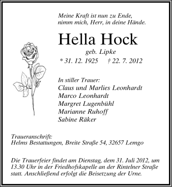 Anzeige  Hella Hock  Lippische Landes-Zeitung