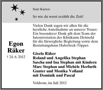 Anzeige  Egon Räker  Lippische Landes-Zeitung