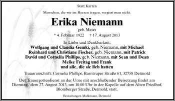 Anzeige  Erika Niemann  Lippische Landes-Zeitung