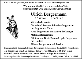 Anzeige  Ulrich Bergermann  Lippische Landes-Zeitung