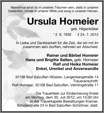 Anzeige  Ursula Homeier  Lippische Landes-Zeitung