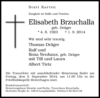 Anzeige  Elisabeth Brzuchalla  Lippische Landes-Zeitung