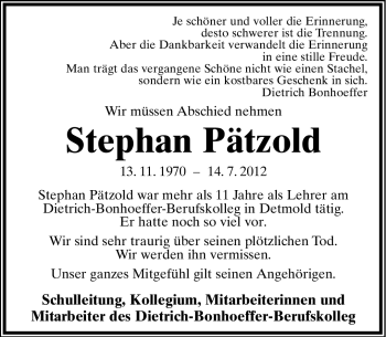 Anzeige  Stephan Pätzold  Lippische Landes-Zeitung