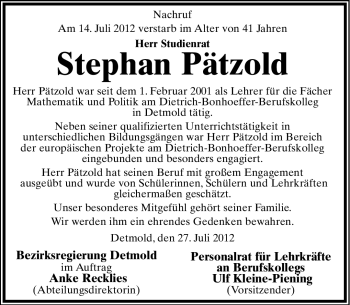 Anzeige  Stephan Pätzold  Lippische Landes-Zeitung