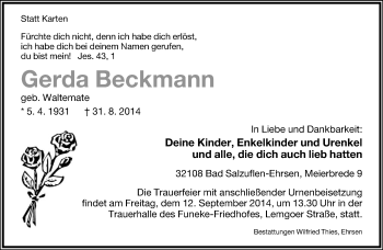 Anzeige  Gerda Beckmann  Lippische Landes-Zeitung