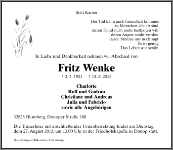 Anzeige  Fritz Wenke  Lippische Landes-Zeitung
