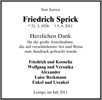 Anzeige  Friedrich Sprick  Lippische Landes-Zeitung