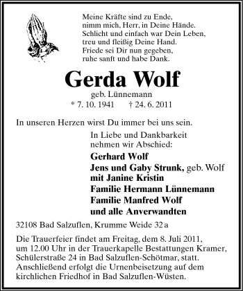 Anzeige  Gerda Wolf  Lippische Landes-Zeitung