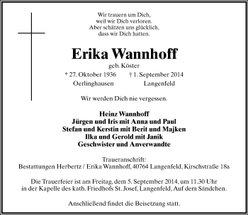 Anzeige  Erika Wannhoff  Lippische Landes-Zeitung